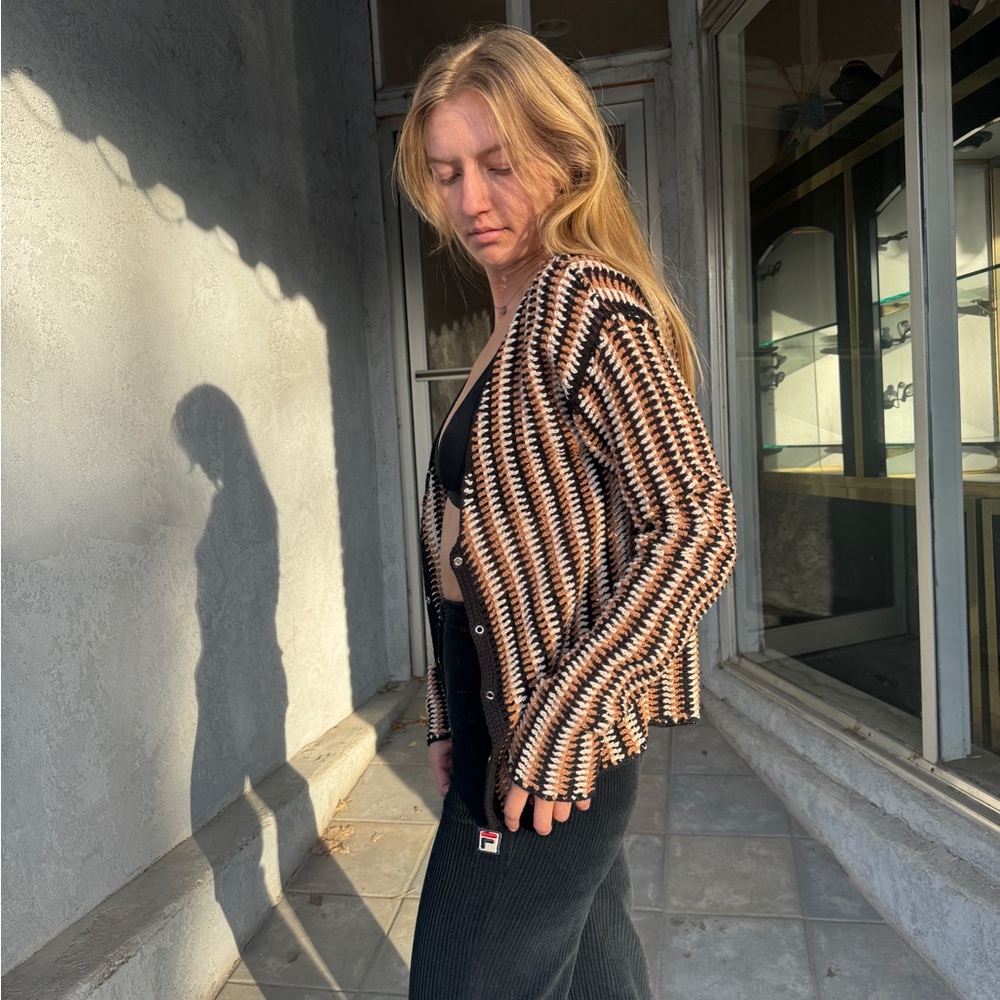 Y2K Osis Studio Striped Open Front Cardigan Black Tan Cream Cotton Blend - Picture 2 of 7